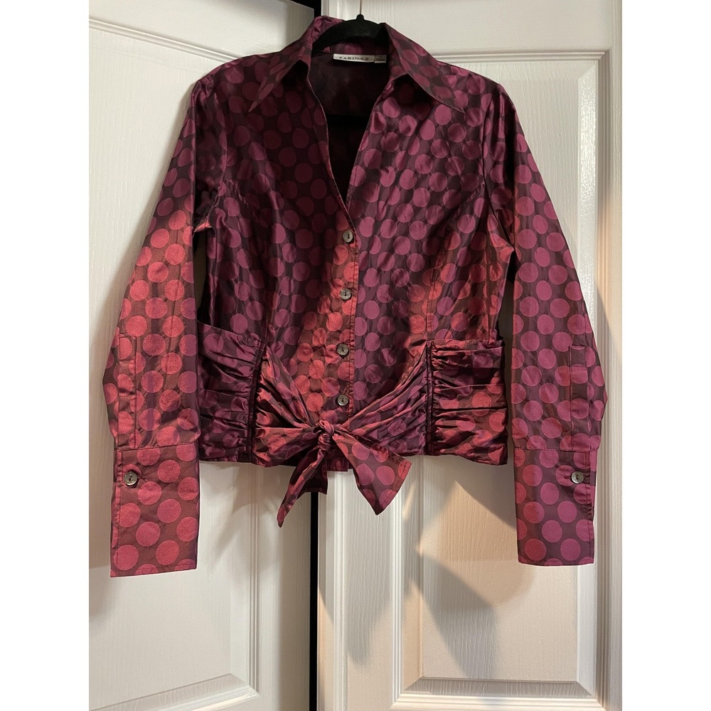 Farinaz‎ Taghavi Shirt Womens 12 Burgundy Polka Dot Ruched Tie Waist Button Up
